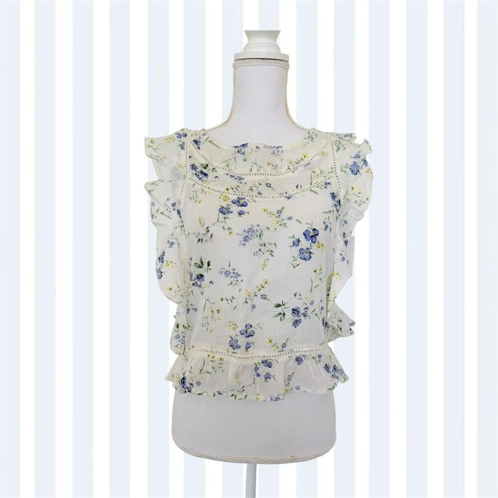 NWT Banjara Women's White Blue Floral Ruffle Peplum Open Back Top M